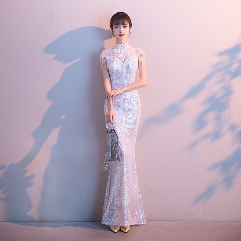 Short-Sleeve High Neck Fringe Sequined Mermaid Evening Gown