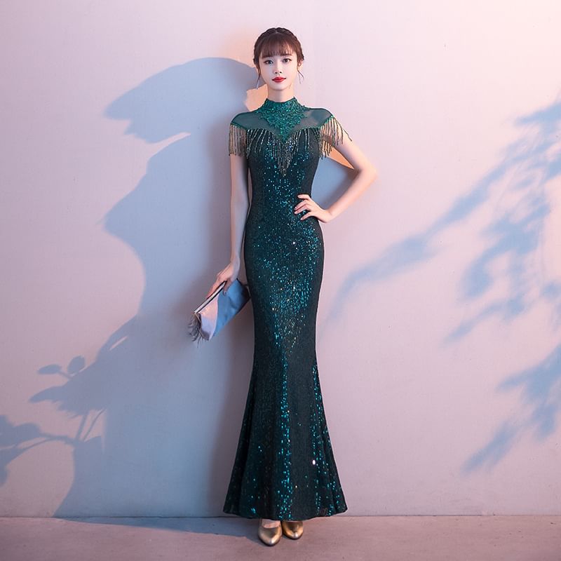 Short-Sleeve High Neck Fringe Sequined Mermaid Evening Gown