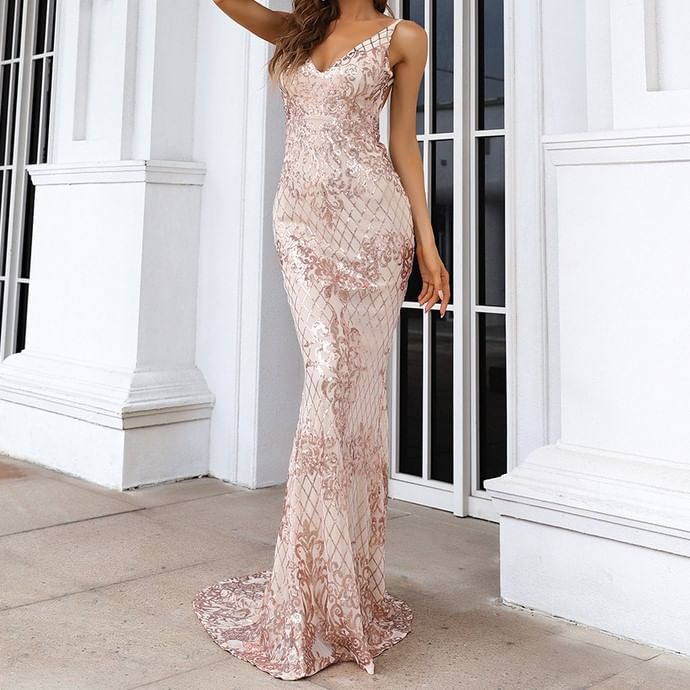 Spaghetti Strap V-Neck Patterned Sequin Mermaid Evening Gown