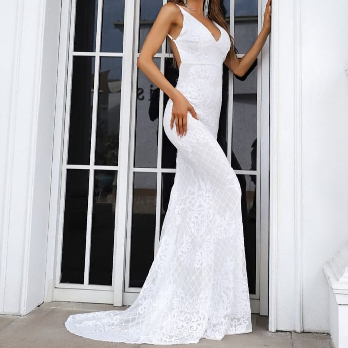 Spaghetti Strap V-Neck Patterned Sequin Mermaid Evening Gown