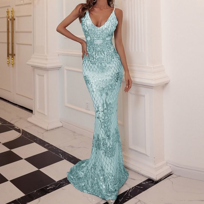 Spaghetti Strap V-Neck Patterned Sequin Mermaid Evening Gown