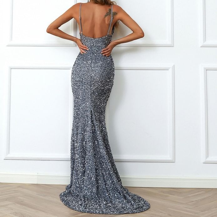 Spaghetti Strap V-Neck Sequin Trained Open Back Slit Mermaid Evening Gown