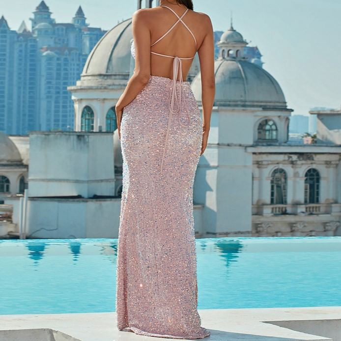 Halter V-Neck Plunge Sequin Open Back Slit Bodycon Evening Gown