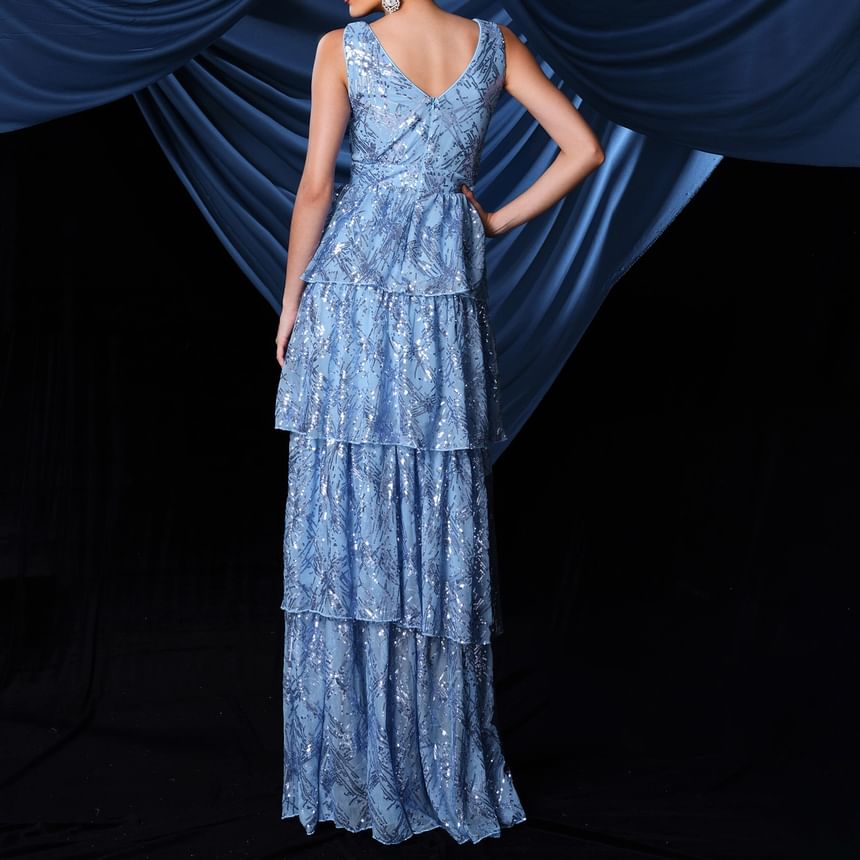 Sleeveless V-Neck Plunge Sequin Tiered A-Line Evening Gown