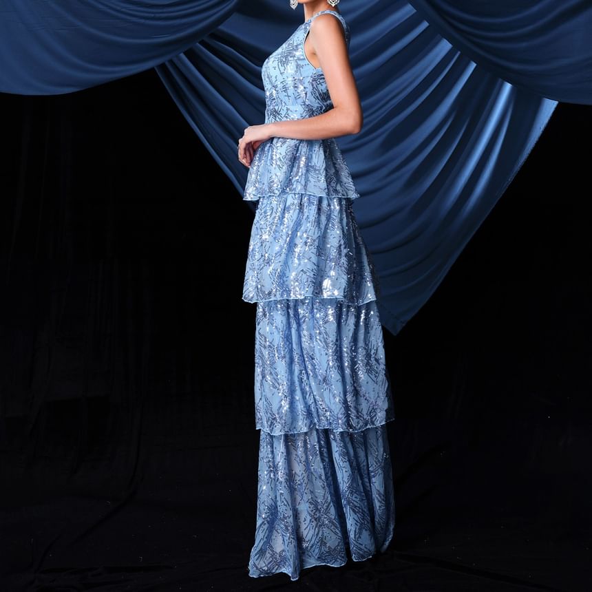 Sleeveless V-Neck Plunge Sequin Tiered A-Line Evening Gown