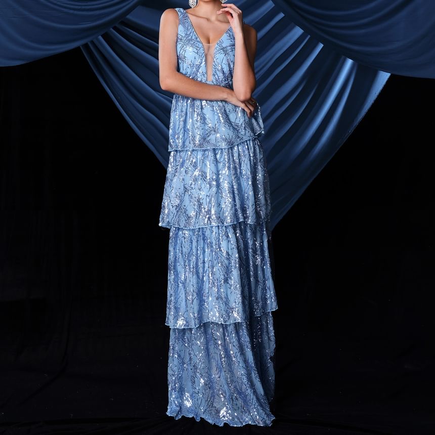 Sleeveless V-Neck Plunge Sequin Tiered A-Line Evening Gown