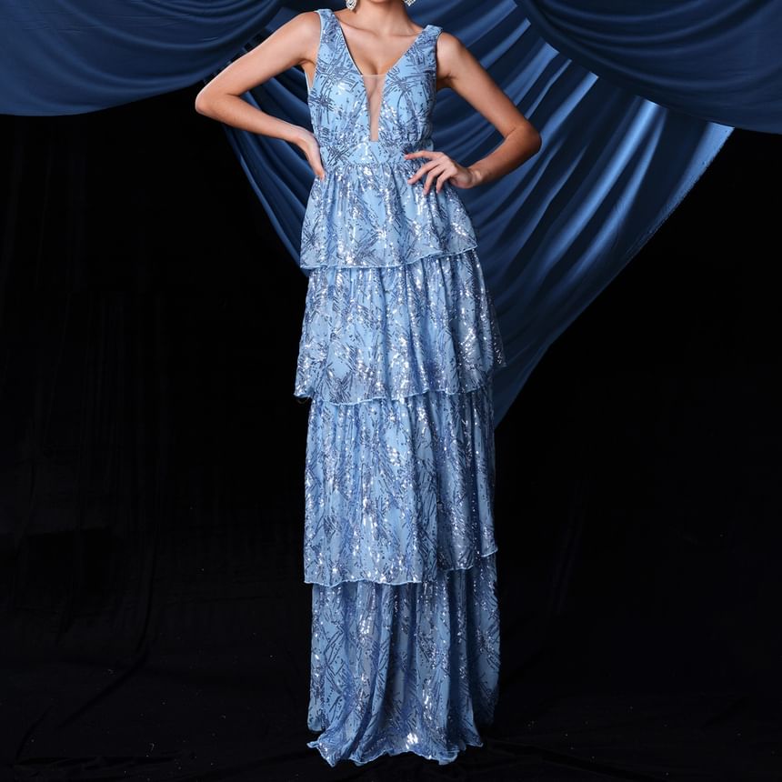 Sleeveless V-Neck Plunge Sequin Tiered A-Line Evening Gown