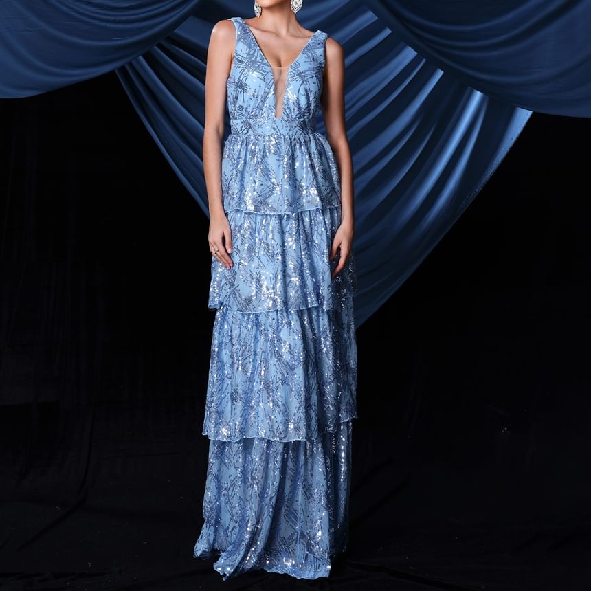Sleeveless V-Neck Plunge Sequin Tiered A-Line Evening Gown