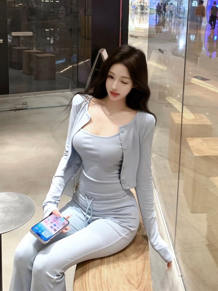 Camisole Button-Up Neck Plain Pants Cardigan Flared Waist / Crew Top Scoop Drawstring Crop