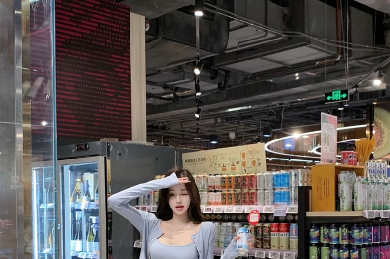 Camisole Button-Up Neck Plain Pants Cardigan Flared Waist / Crew Top Scoop Drawstring Crop