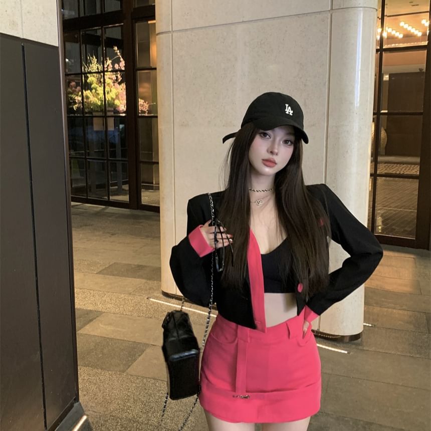 (Various Skirt High / Two-Piece Notch Waist Mock Plain Designs) Mini Lapel Tone Two Pencil Blazer