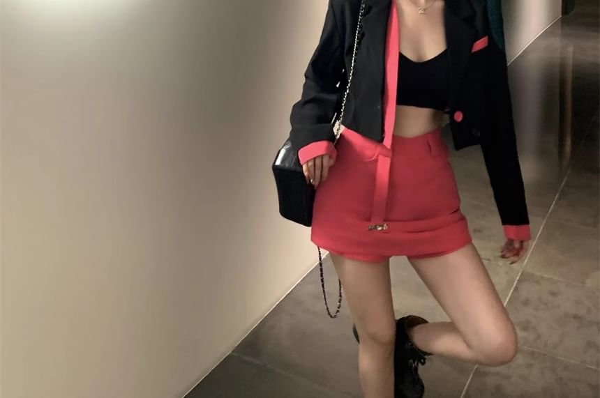 (Various Skirt High / Two-Piece Notch Waist Mock Plain Designs) Mini Lapel Tone Two Pencil Blazer