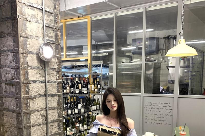 Skirt Belt A-Line Waist Panel Mini / Blouse Crop Mock Off-Shoulder Smocked High Long-Sleeve Set Striped Two-Piece