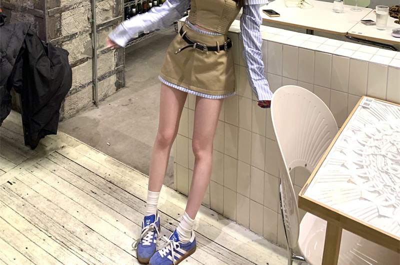 Skirt Belt A-Line Waist Panel Mini / Blouse Crop Mock Off-Shoulder Smocked High Long-Sleeve Set Striped Two-Piece