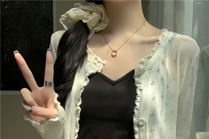 Cardigan Plain Pointelle Edge Knit Lettuce