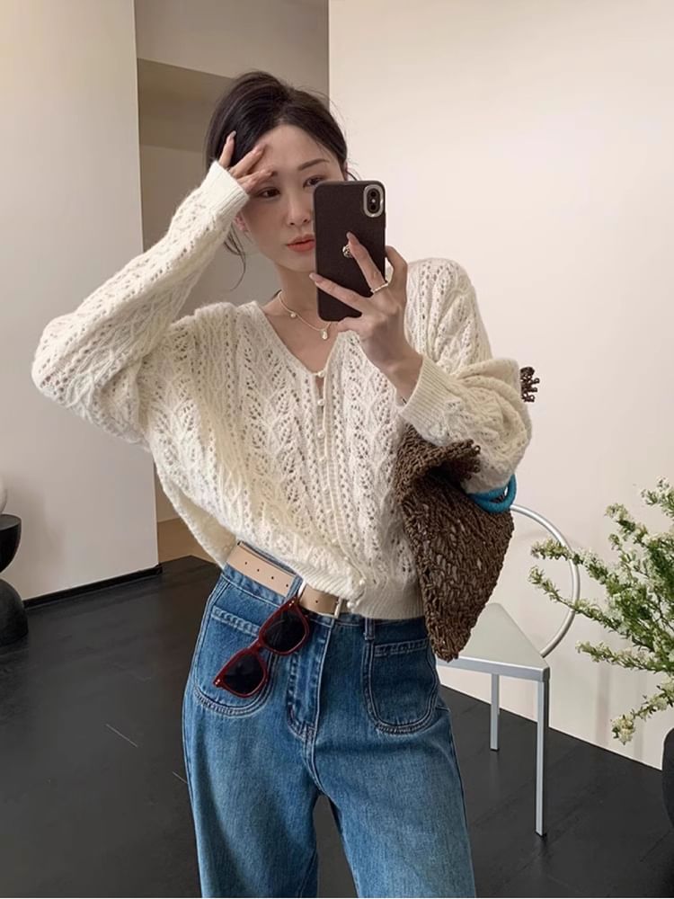 Pointelle Faux Plain Button V-Neck Knit Cardigan Pearl