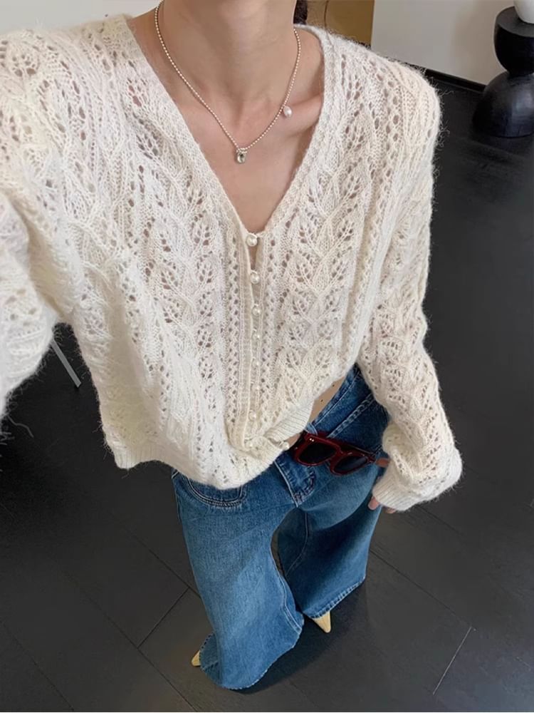 Pointelle Faux Plain Button V-Neck Knit Cardigan Pearl