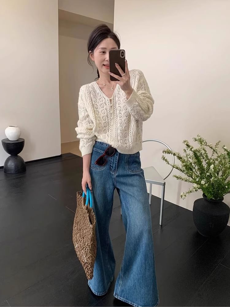 Pointelle Faux Plain Button V-Neck Knit Cardigan Pearl