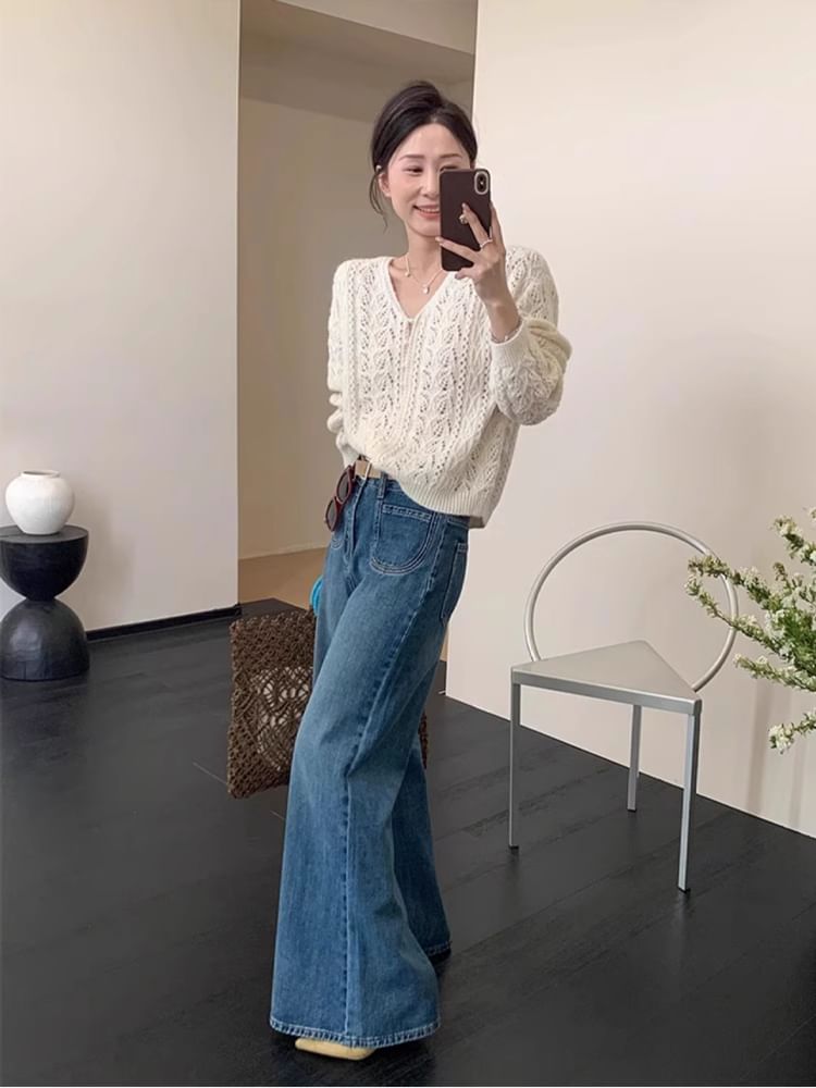 Pointelle Faux Plain Button V-Neck Knit Cardigan Pearl