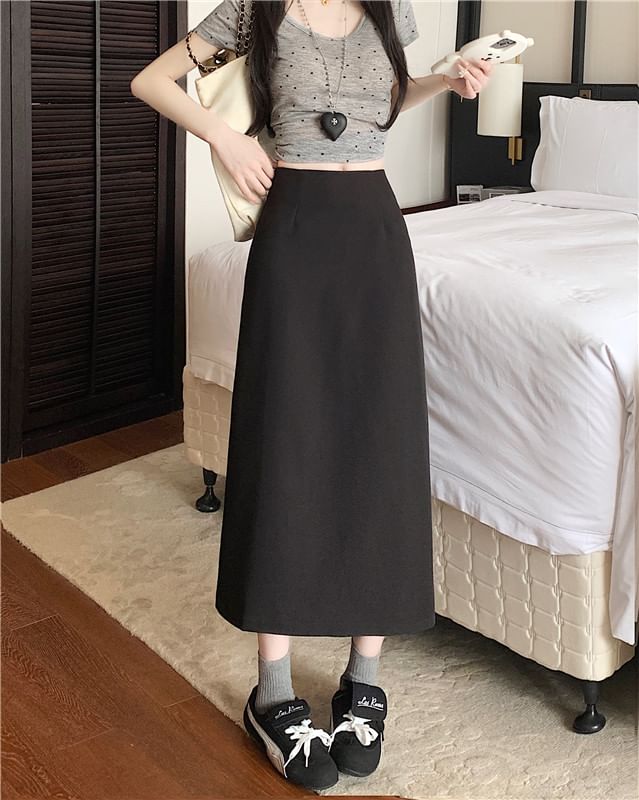 High Skirt Plain Midi Slit Rise A-Line