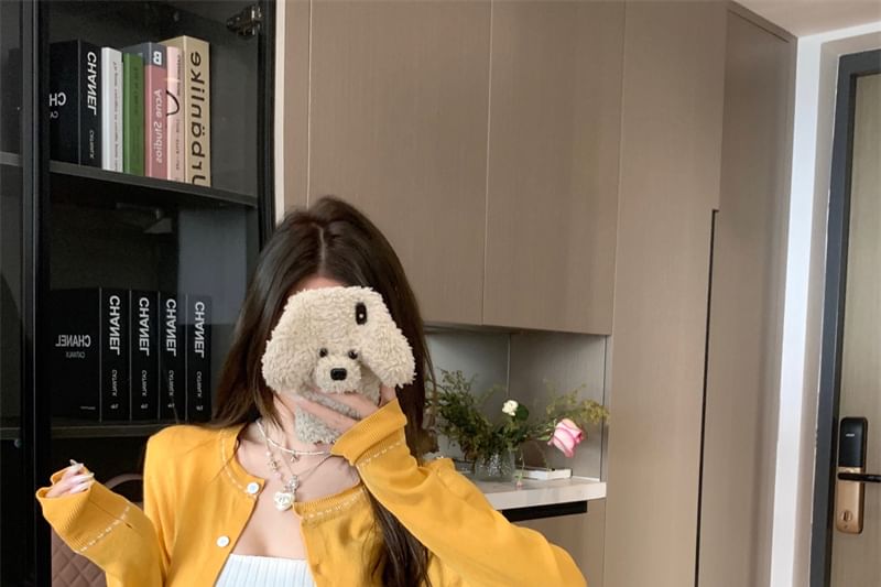 Round Cardigan Stitching Contrast Neck Knit Plain Ribbed Tank Top Crop Front / Tie