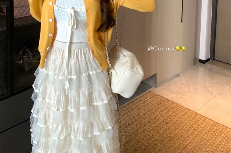 Round Cardigan Stitching Contrast Neck Knit Plain Ribbed Tank Top Crop Front / Tie