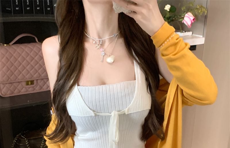 Round Cardigan Stitching Contrast Neck Knit Plain Ribbed Tank Top Crop Front / Tie