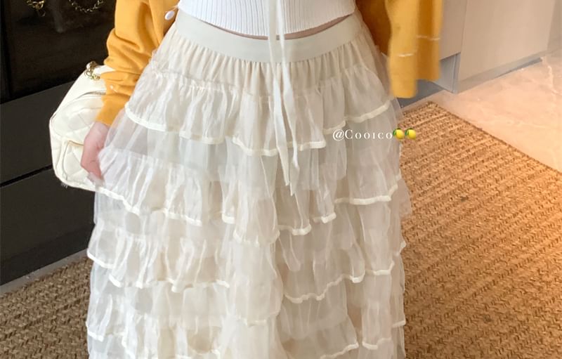 Round Cardigan Stitching Contrast Neck Knit Plain Ribbed Tank Top Crop Front / Tie