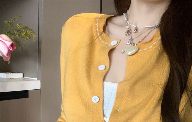 Round Cardigan Stitching Contrast Neck Knit Plain Ribbed Tank Top Crop Front / Tie