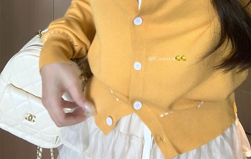 Round Cardigan Stitching Contrast Neck Knit Plain Ribbed Tank Top Crop Front / Tie