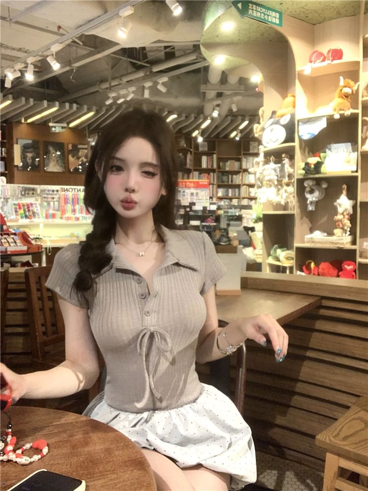 Mini Knit Collar Two-Piece Hem Dress Bow Ribbed Short-Sleeve Mock Panel A-Line Bubble