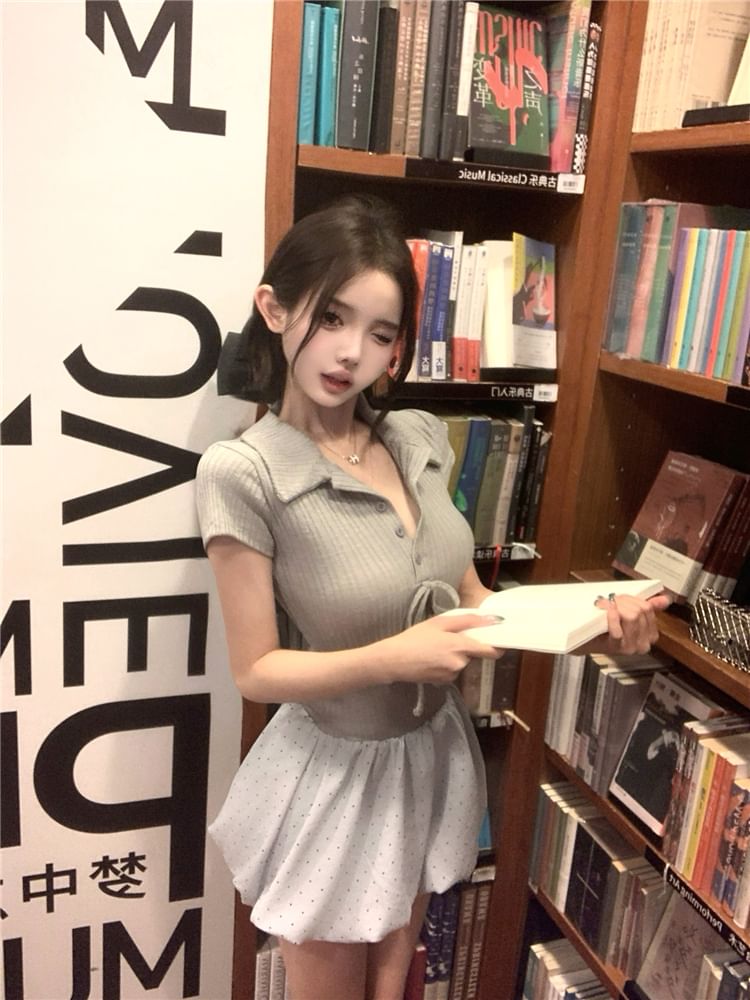 Mini Knit Collar Two-Piece Hem Dress Bow Ribbed Short-Sleeve Mock Panel A-Line Bubble