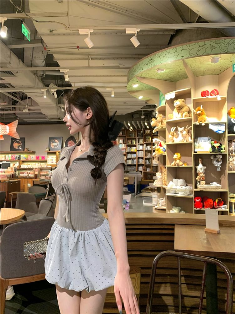 Mini Knit Collar Two-Piece Hem Dress Bow Ribbed Short-Sleeve Mock Panel A-Line Bubble