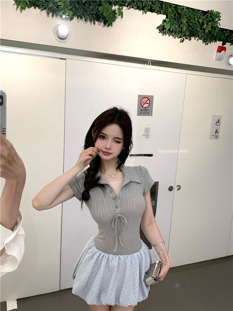 Mini Knit Collar Two-Piece Hem Dress Bow Ribbed Short-Sleeve Mock Panel A-Line Bubble
