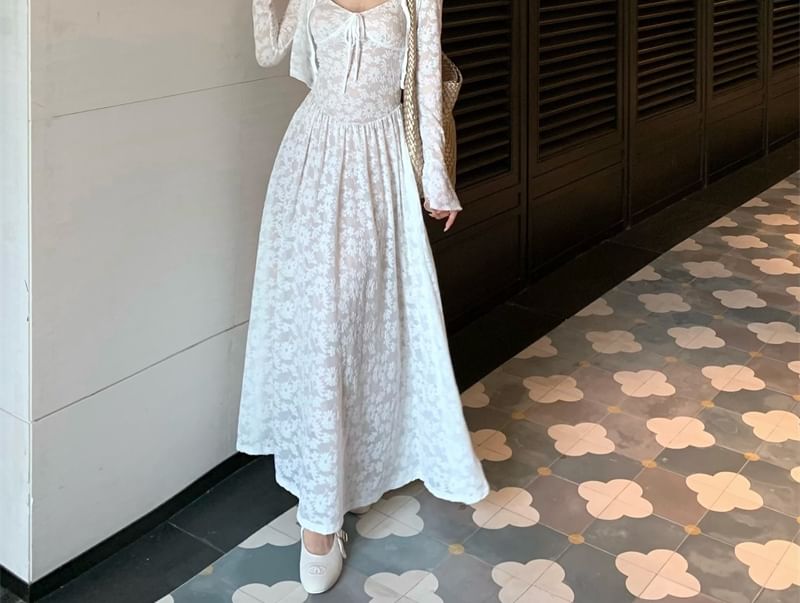 / Jacquard Spaghetti Floral Bolero Maxi Dress A-Line Strap