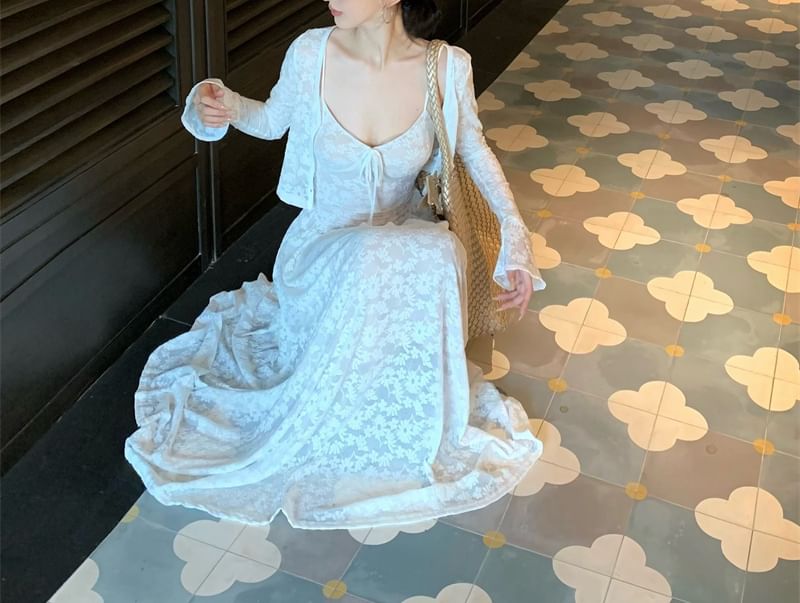 / Jacquard Spaghetti Floral Bolero Maxi Dress A-Line Strap