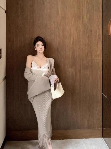 Front Trim Jacket Lace / Top Camisole Fringe High V-Neck Skirt Open Waist Pencil Plain Maxi