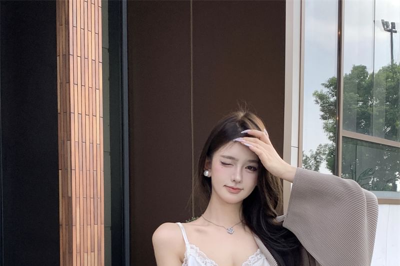 Front Trim Jacket Lace / Top Camisole Fringe High V-Neck Skirt Open Waist Pencil Plain Maxi