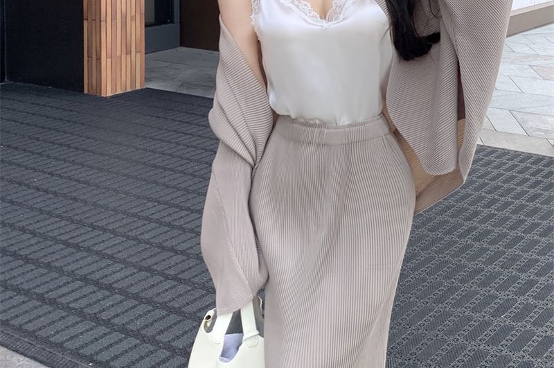 Front Trim Jacket Lace / Top Camisole Fringe High V-Neck Skirt Open Waist Pencil Plain Maxi