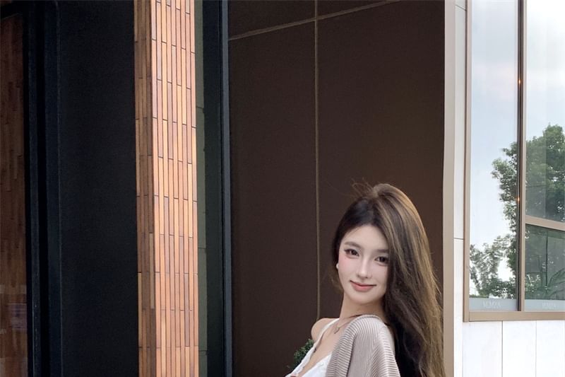 Front Trim Jacket Lace / Top Camisole Fringe High V-Neck Skirt Open Waist Pencil Plain Maxi