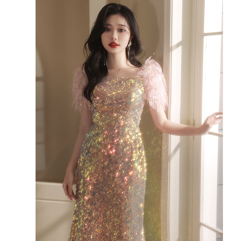 Feather Short-Sleeve Square Neck Sequined Sheath Evening Gown (Various Designs)
