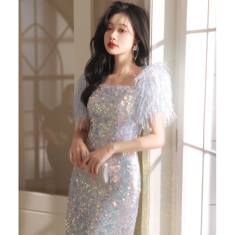 Feather Short-Sleeve Square Neck Sequined Sheath Evening Gown (Various Designs)
