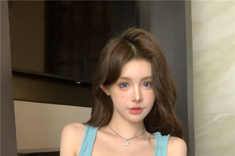 Square Slim Rhinestone Trim Top Frill Fit Neck Tank