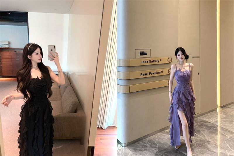 Panel Lace Plain Ruched Dress Strap Ruffle Spaghetti A-Line Maxi Slit