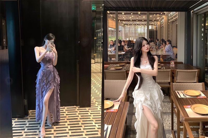 Panel Lace Plain Ruched Dress Strap Ruffle Spaghetti A-Line Maxi Slit