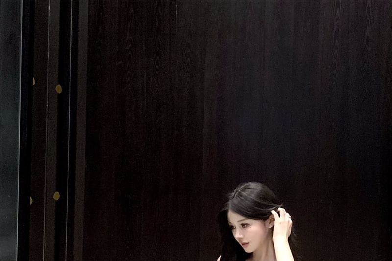 Panel Lace Plain Ruched Dress Strap Ruffle Spaghetti A-Line Maxi Slit