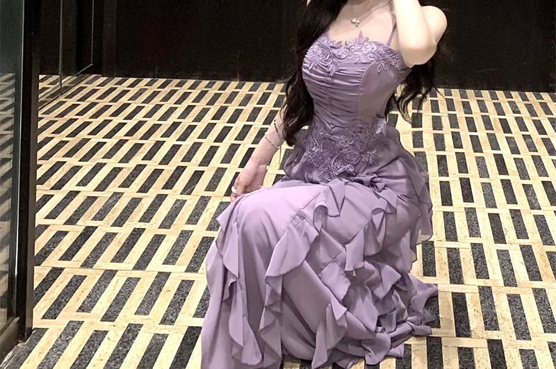 Panel Lace Plain Ruched Dress Strap Ruffle Spaghetti A-Line Maxi Slit