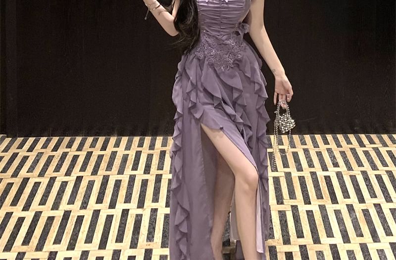 Panel Lace Plain Ruched Dress Strap Ruffle Spaghetti A-Line Maxi Slit