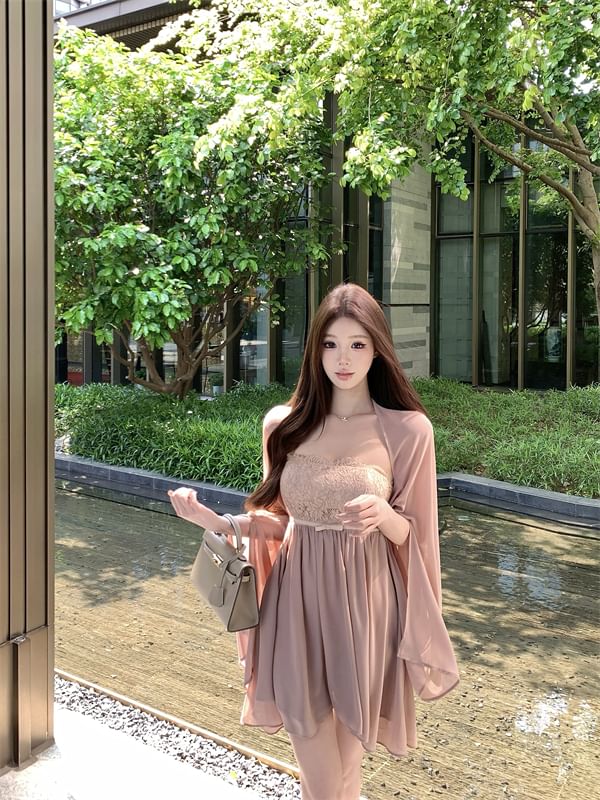 A-Line Mini Strapless Bow Accent / Shawl Lace Dress Panel Plain