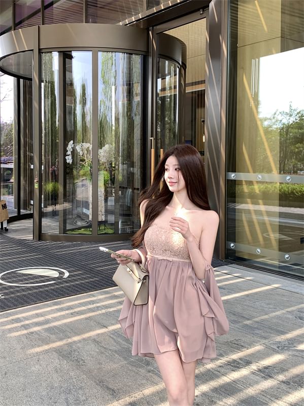 A-Line Mini Strapless Bow Accent / Shawl Lace Dress Panel Plain